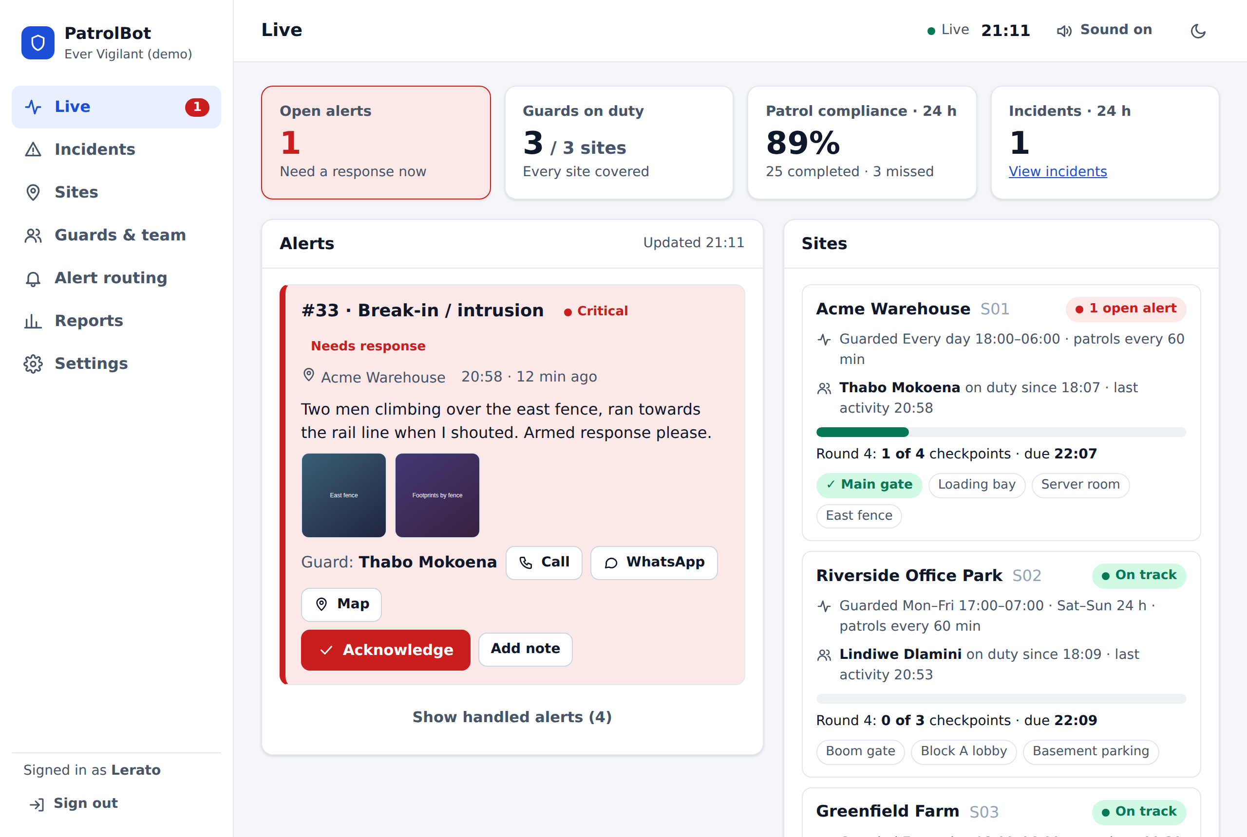 PatrolBot live control room showing sites, rounds and open alerts